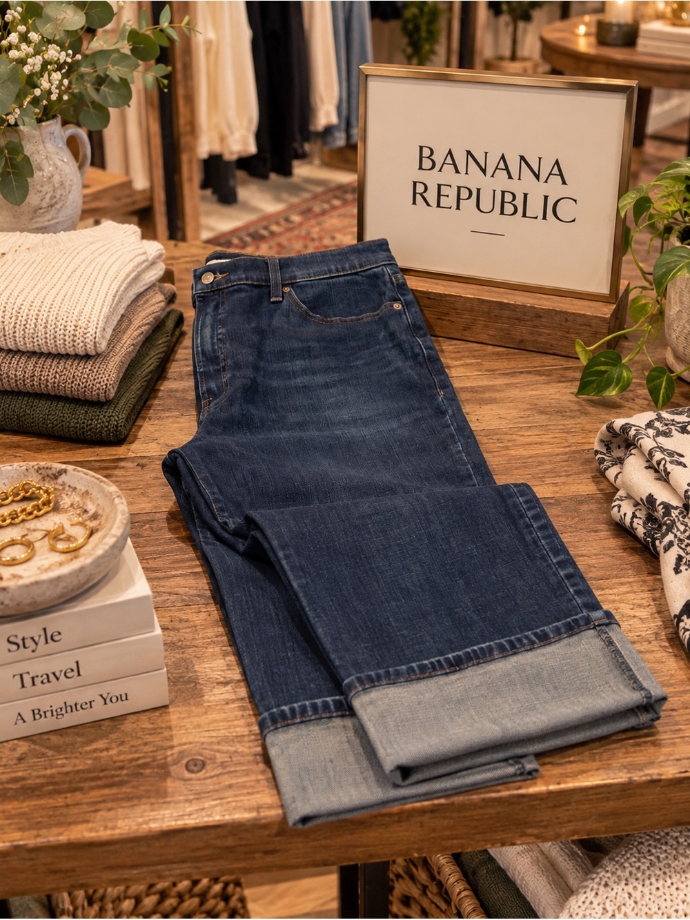 Banana Republic Cuffed Dark Indigo High Rise Straight Jeans